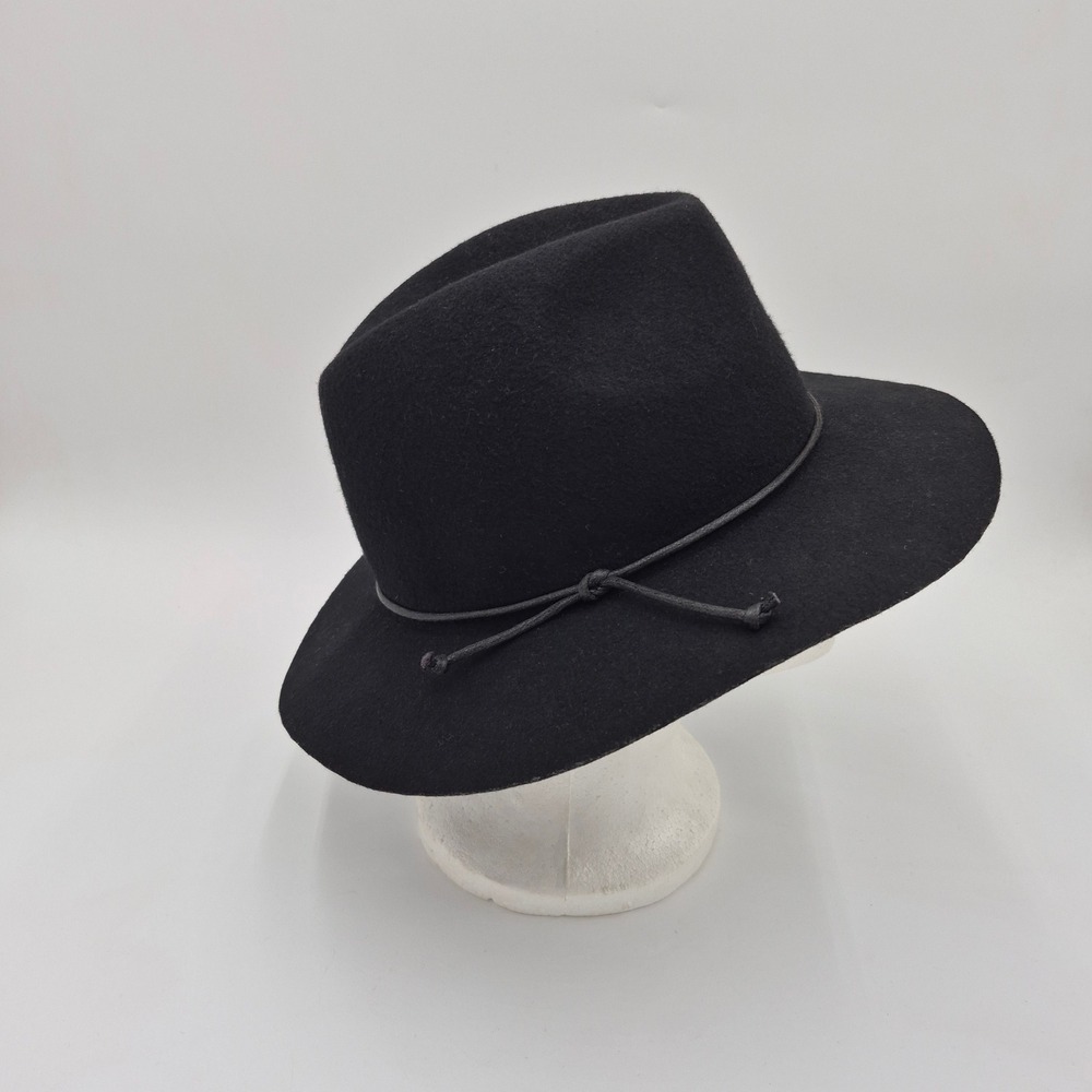 Black 100% Wool Wide Brim Fedora Hat with Cord Detail One Size